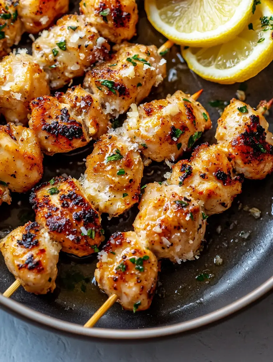Une assiette de brochettes de poulet grillées garnies d'herbes et saupoudrées de fromage, accompagnées de tranches de citron.