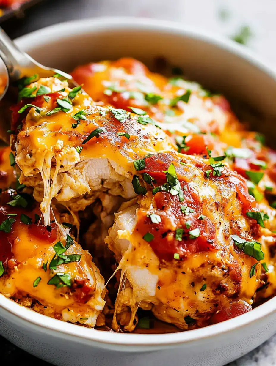 Un gros plan d'un plat de poulet fromager garni de salsa et décoré d'herbes fraîches dans un bol blanc.