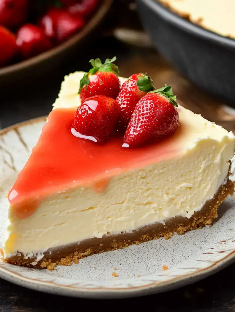 Une part de cheesecake crémeux garnie de fraises et d'un nappage brillant aux fraises, servie sur une assiette décorative.