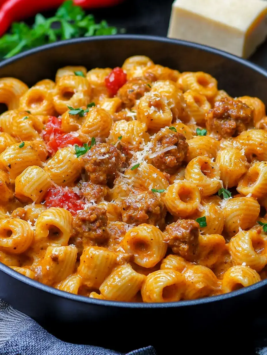 Un bol copieux de pâtes avec boulettes de viande, tomates et sauce crémeuse, garni d'herbes fraîches et parmesan.