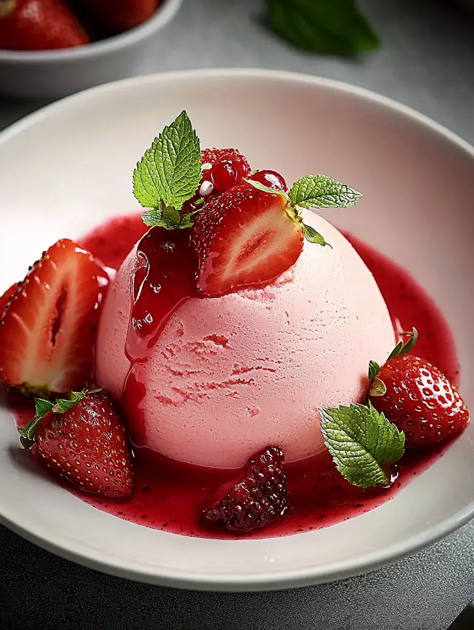 Une boule de glace aux fraises est garnie de fraises fraîches, feuilles de menthe et un filet de sauce aux baies sur une assiette blanche.