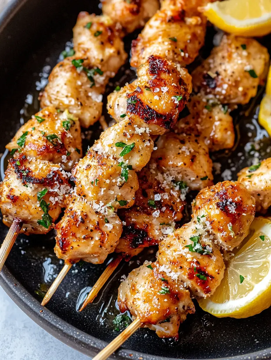 Brochettes de poulet grillées garnies de persil et quartiers de citron sur une assiette sombre.