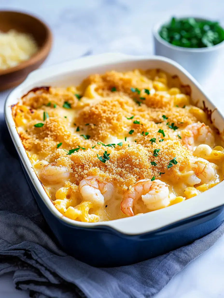 Un plat de pâtes au four avec des crevettes, recouvert d'une croûte dorée de chapelure et parsemé d'herbes vertes, servi dans un plat blanc.