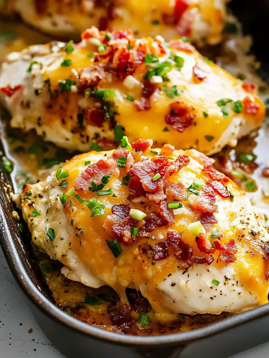 Des blancs de poulet cuits au four garnis de fromage fondu, bacon croustillant et oignons verts hachés dans un plat de service.