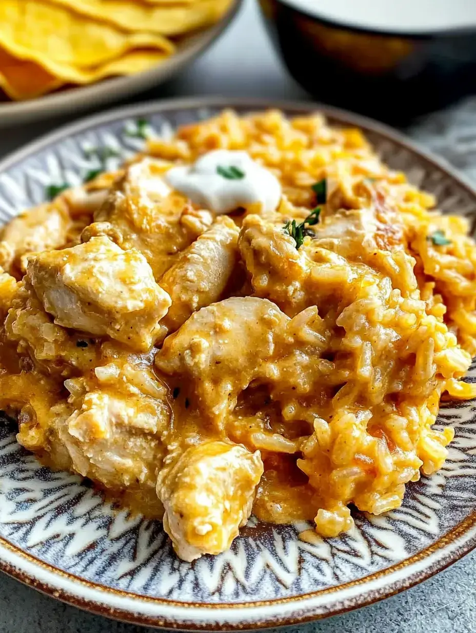 Un gros plan d'une assiette de poulet crémeux et riz, garnie d'une cuillerée de crème fraîche et d'herbes, avec des chips tortilla en arrière-plan.