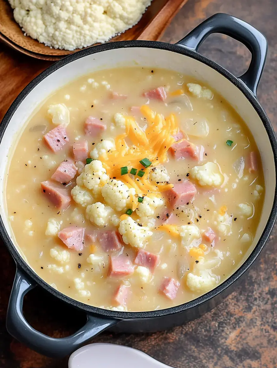 Une soupe crémeuse avec chou-fleur, jambon en dés, et cheddar râpé servie dans une marmite noire, accompagnée d'un plat de couscous moelleux.