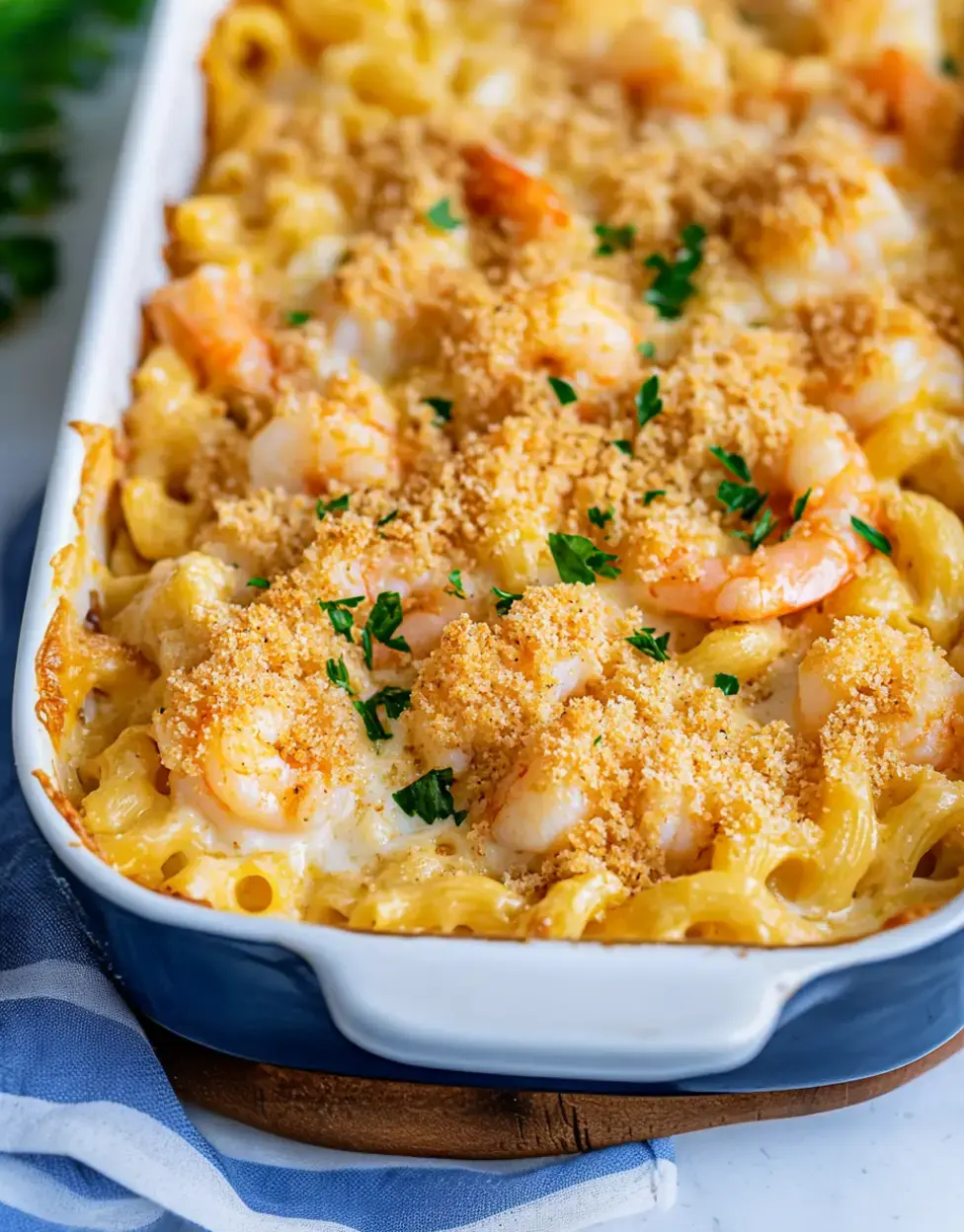 Un plat crémeux de crevettes et pâtes garni de chapelure dorée et de persil frais, présenté dans un plat à four bleu.