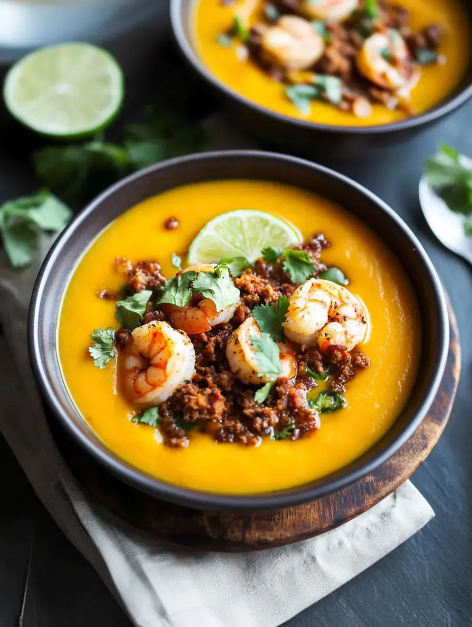 Un gros plan d'une soupe orange crémeuse garnie de crevettes, viande épicée, coriandre et quartier de citron vert, servie dans un bol foncé sur une surface en bois.