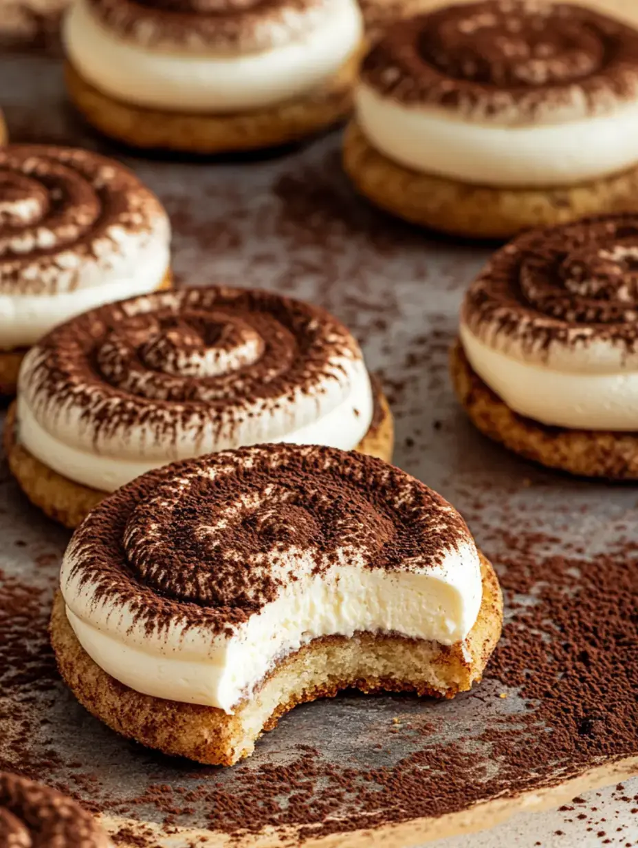 Un gros plan de biscuits garnis de crème et saupoudrés de cacao, avec un biscuit montrant une bouchée.