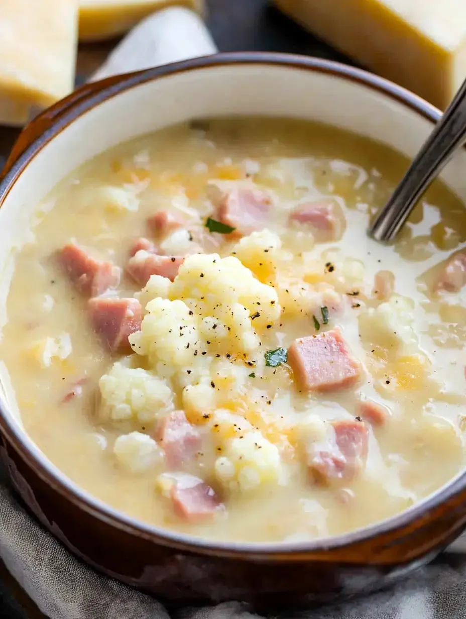 Un bol de soupe crémeuse avec chou-fleur, morceaux de jambon, et poivre noir saupoudré.