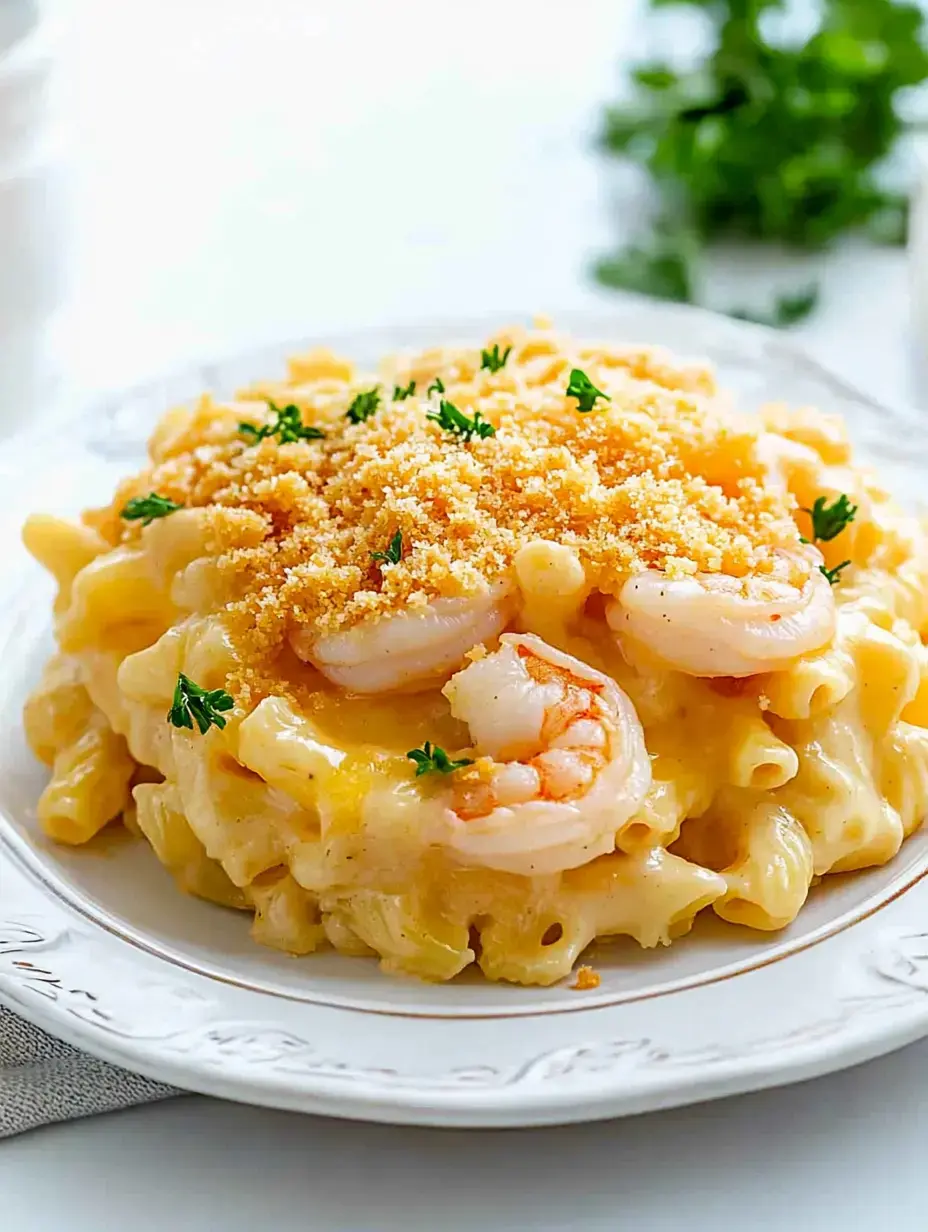 Une assiette de macaronis au fromage crémeux garnie de crevettes et de chapelure, décorée de persil.