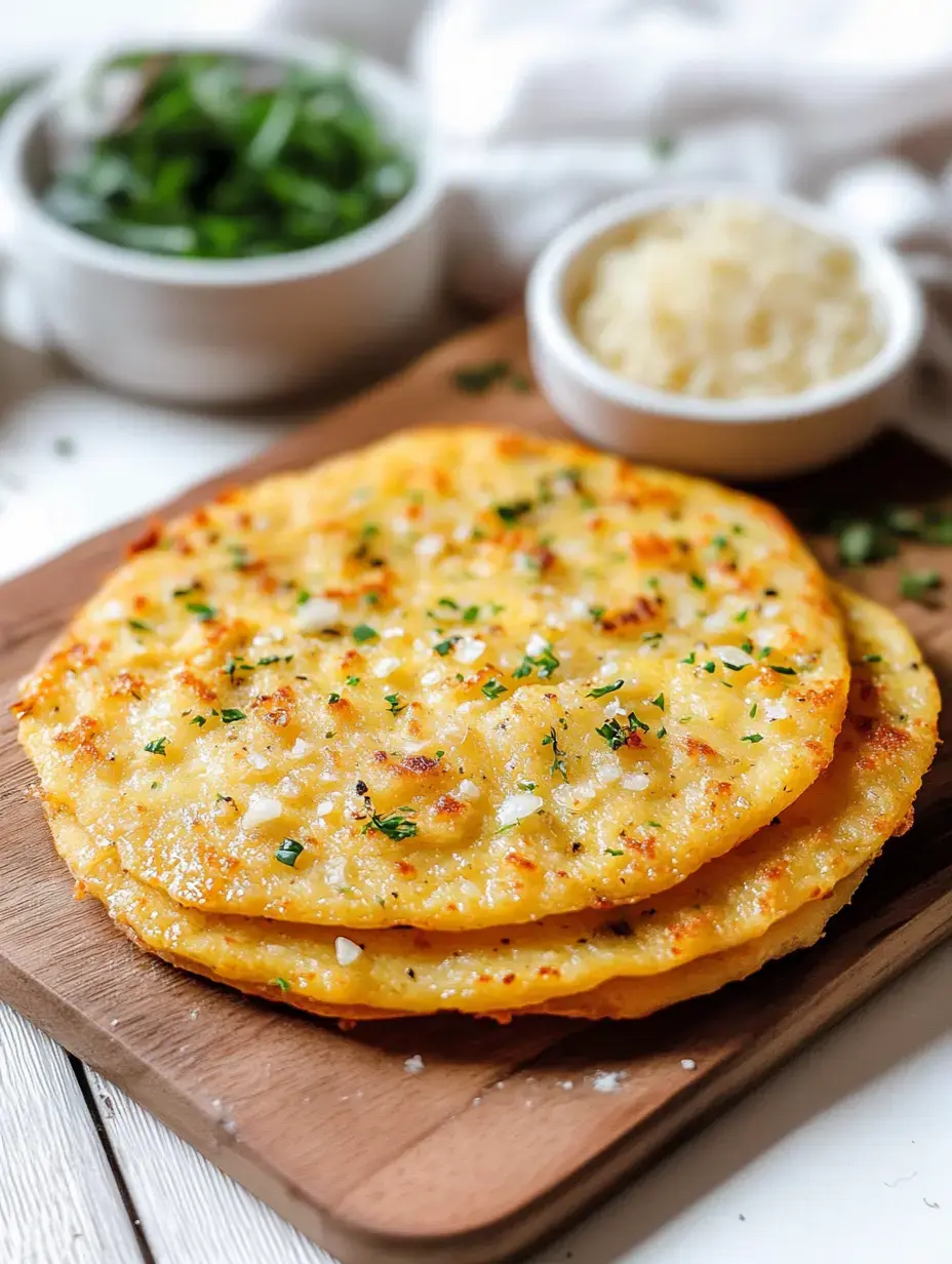 Deux pains plats dorés et croustillants garnis d'herbes et d'épices servis sur une planche en bois, accompagnés de bols de verdure et de fromage râpé.