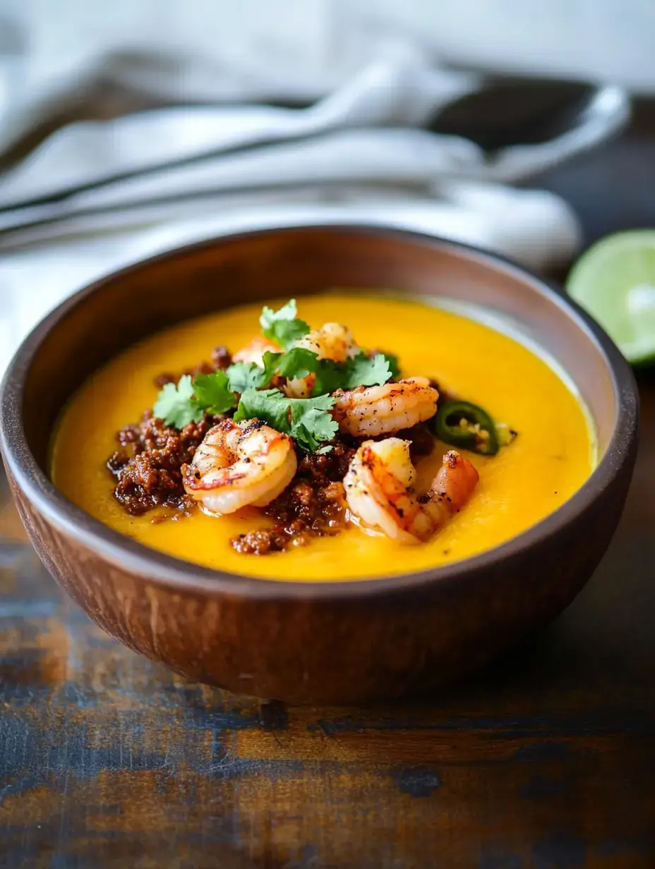 Un bol en bois rempli de soupe jaune vif garnie de crevettes, morceaux croustillants et coriandre fraîche, avec un demi-citron vert et des ustensiles en arrière-plan.