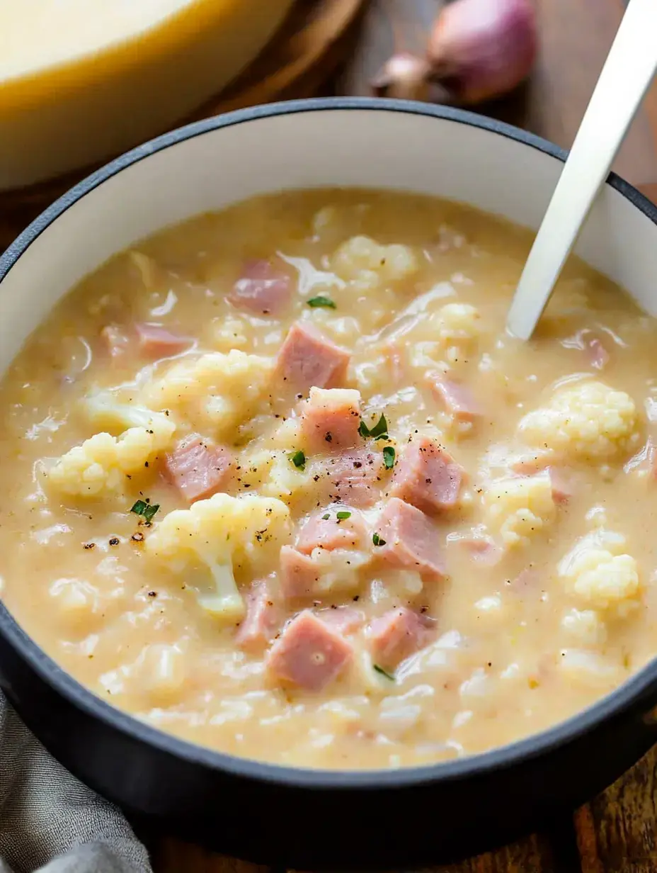 Vue rapprochée d'une soupe crémeuse de chou-fleur et jambon dans un bol noir, garnie d'herbes et de poivre.
