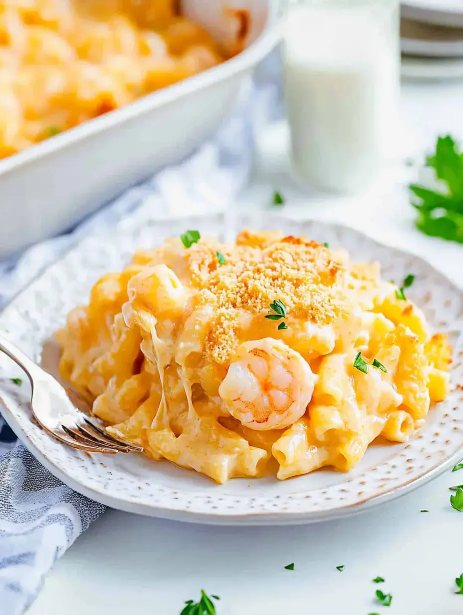 Une assiette de pâtes crémeuses aux crevettes garnie de chapelure et décorée de persil, avec un plat à gratin et un verre de lait en arrière-plan.