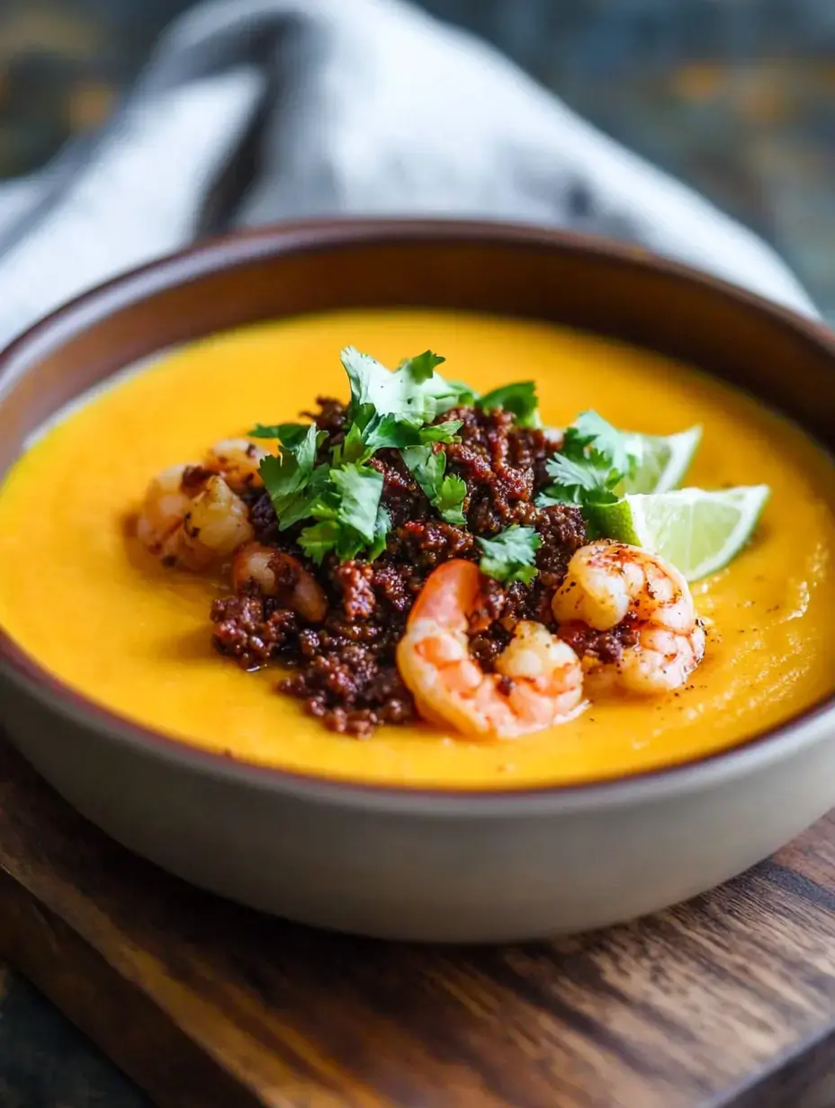 Un bol de soupe orange vif garni de crevettes, chorizo émietté, coriandre fraîche et quartiers de citron vert.