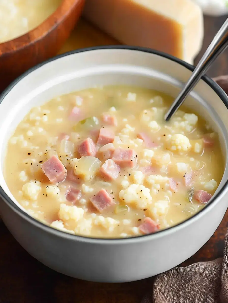 Un bol de soupe crémeuse rempli de jambon en dés, chou-fleur et assaisonnements, accompagné d'un bol en bois et un bloc de fromage en arrière-plan.