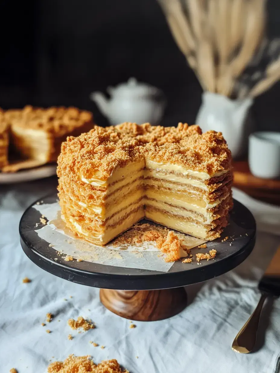 Un gâteau multicouche avec une garniture émiettée posé sur un présentoir, montrant une tranche qui révèle sa garniture crémeuse et ses couches croustillantes.