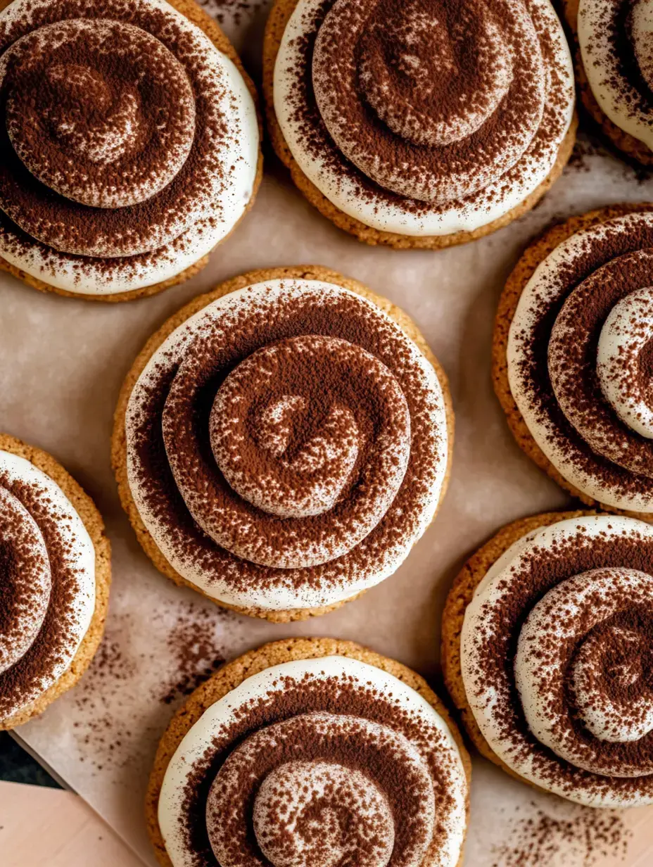 Vue rapprochée de plusieurs biscuits ronds garnis de crème blanche et saupoudrés de cacao.