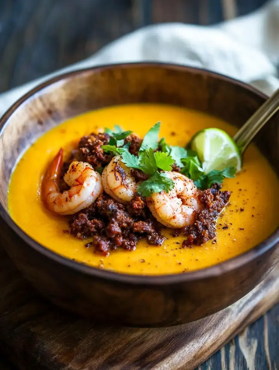 Un bol en bois rempli de soupe orange vif garnie de crevettes, d'émiettés épicés, de coriandre fraîche et d'un quartier de citron vert.