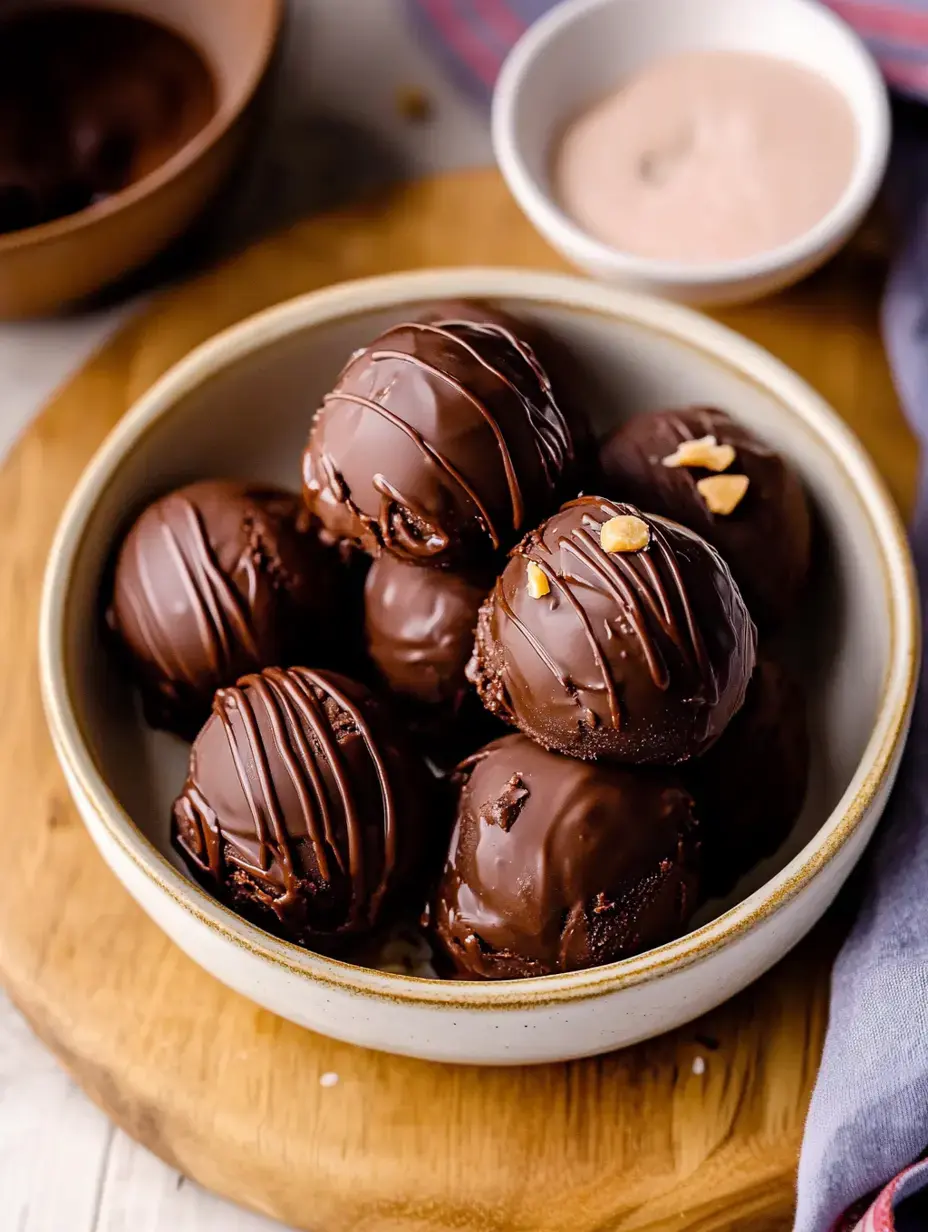 Un bol de boules dessert enrobées de chocolat, nappées de chocolat et garnies de noix, accompagné d'un petit bol de sauce pour tremper.