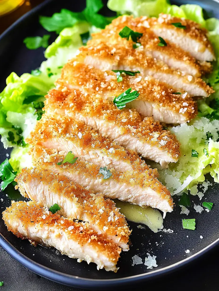 Une assiette de poulet pané tranché et croustillant garni d'herbes vertes, servi sur un lit de laitue.
