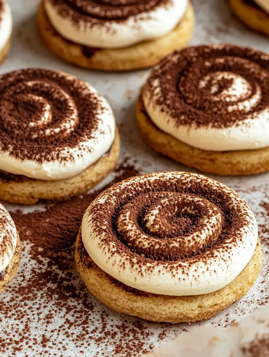 Gros plan de biscuits dessert garnis d'un tourbillon de crème fouettée et saupoudrés de cacao.