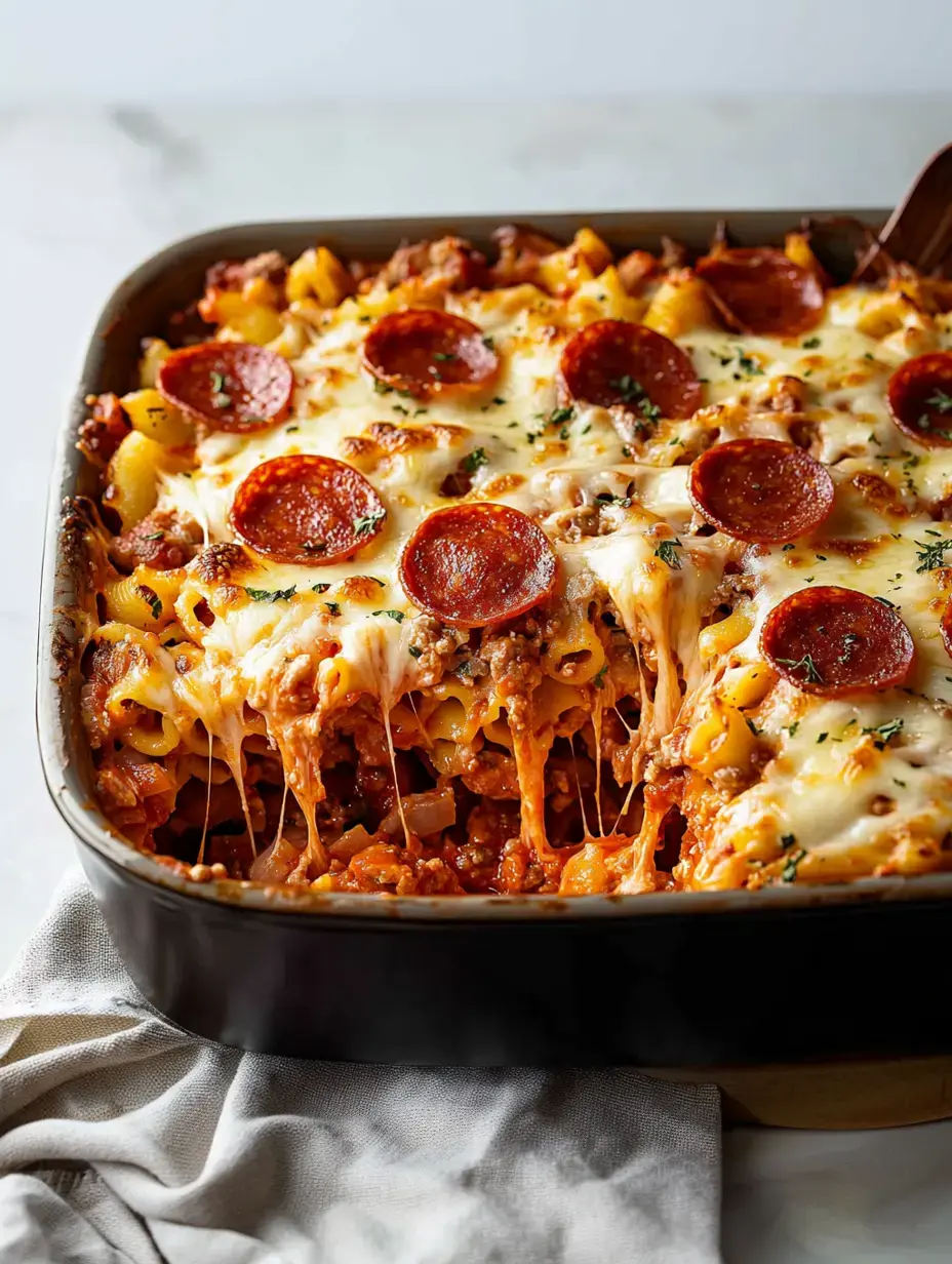 Un plat de pâtes au four avec des couches de fromage fondu, du pepperoni et une généreuse sauce à la viande, servi dans un plat noir.