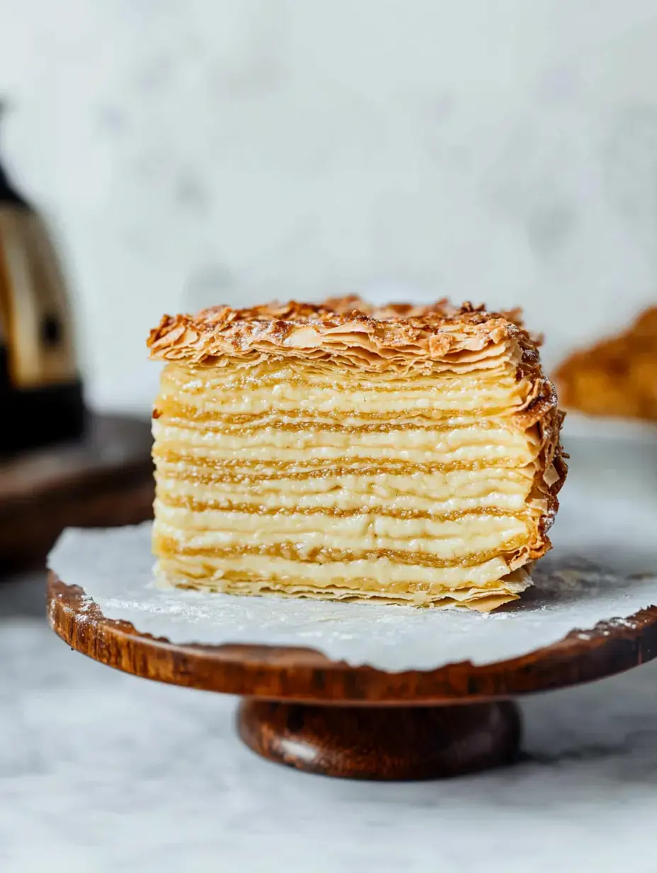 Un gâteau feuilleté avec un dessus croustillant posé sur un présentoir en bois, avec une légère couche de sucre glace.