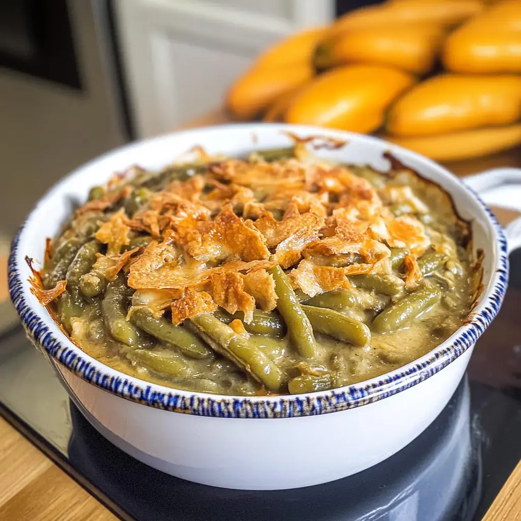 Un gratin de haricots verts tout juste sorti du four, couronné de morceaux d'oignon croustillants, présenté dans un plat blanc avec des poivrons jaunes derrière.
