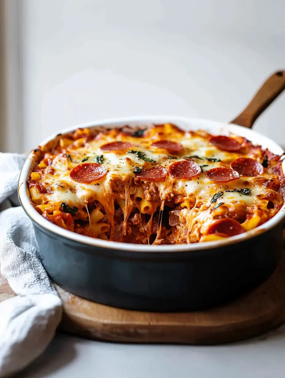 Un plat de pâtes au four garni de fromage fondu et de pepperoni, servi dans un plat noir sur une planche en bois.