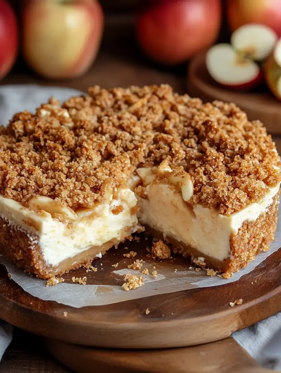 Une part de dessert crémeux aux pommes avec un topping croustillant présentée sur une surface en bois, entourée de pommes fraîches.