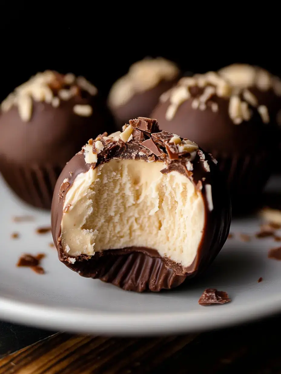 Un gros plan d'un dessert enrobé de chocolat avec une bouchée prélevée, révélant une garniture crémeuse de couleur claire, garni de noix hachées et de copeaux de chocolat.