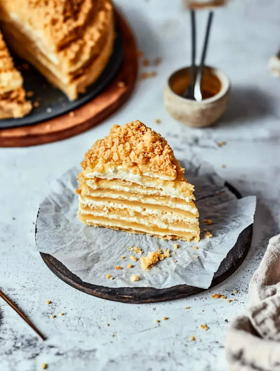 Une part de gâteau en couches avec garniture crémeuse et dessus émietté posée sur une assiette en bois rustique.