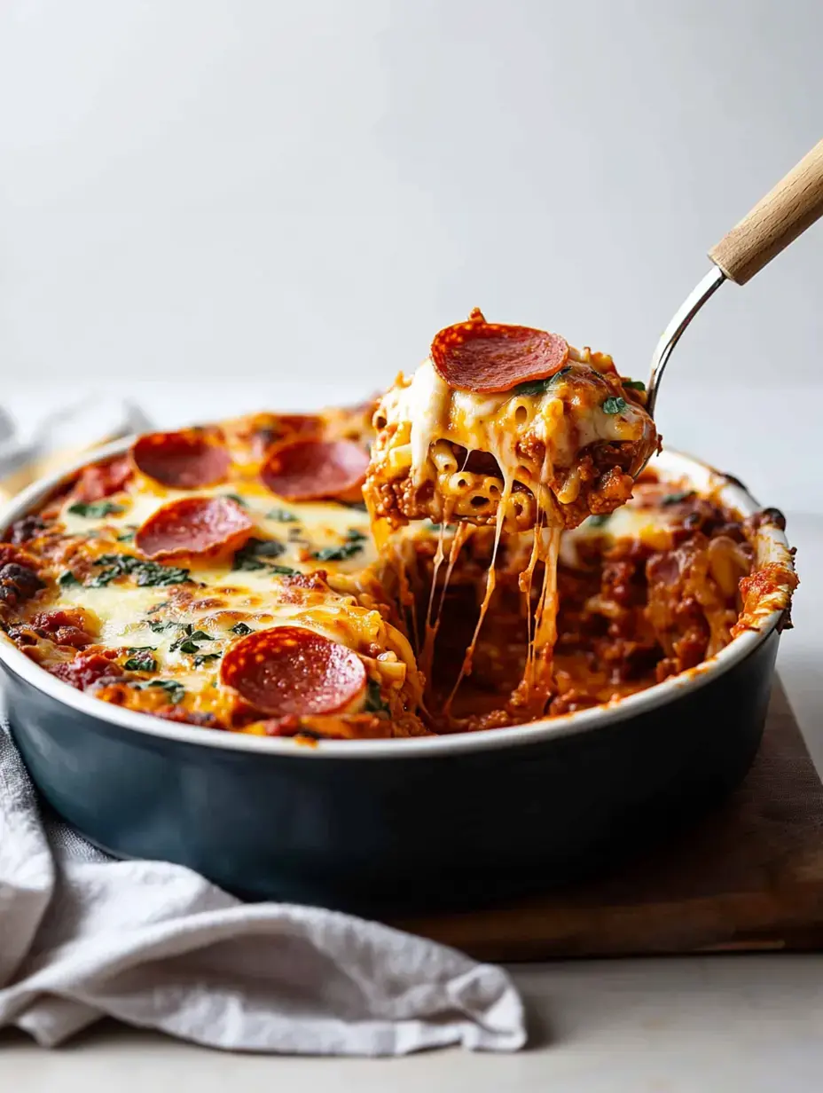 Un plat de pâtes au fromage avec du pepperoni sortant d'un plat de cuisson, montrant du fromage fondu et une cuillère de service.