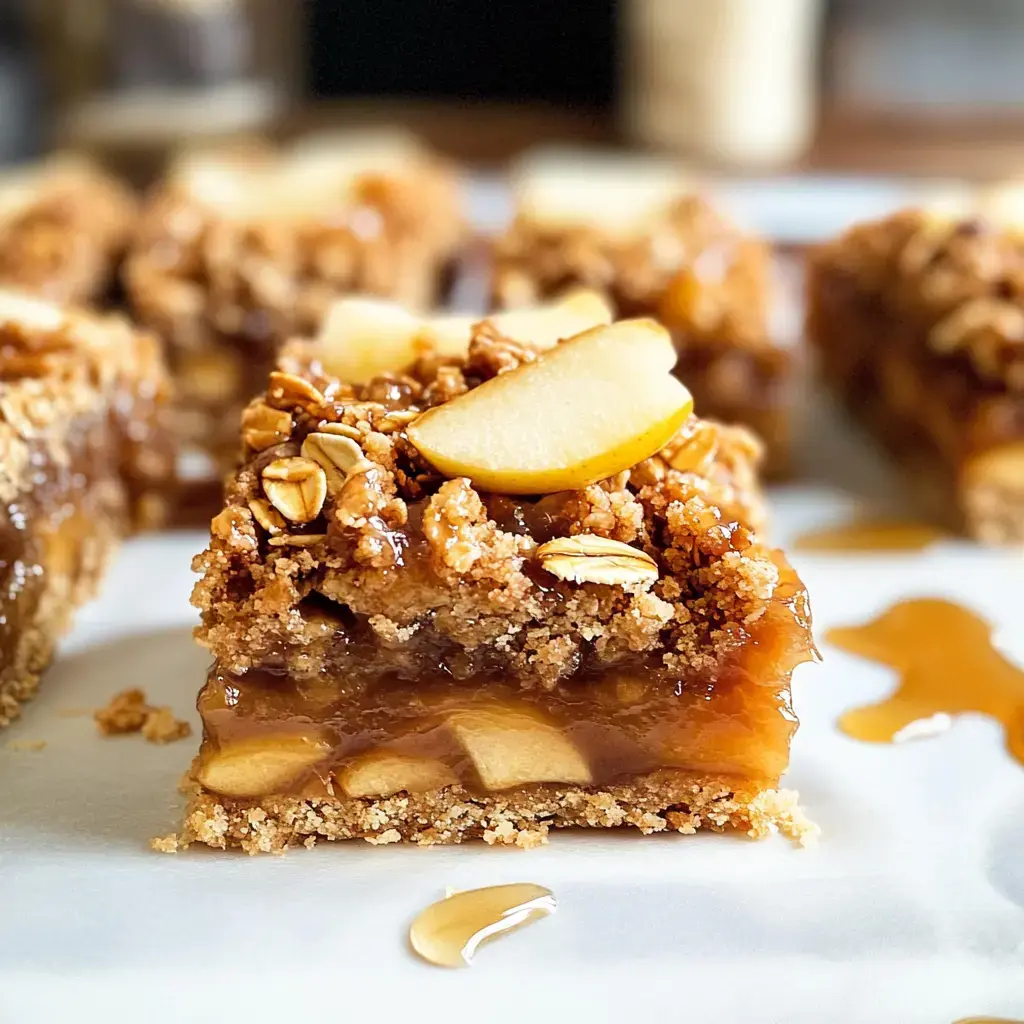 Un gros plan d'une part de crumble aux pommes garni de flocons d'avoine et de tranches de pommes fraîches, posée sur une surface blanche avec un filet de sirop.
