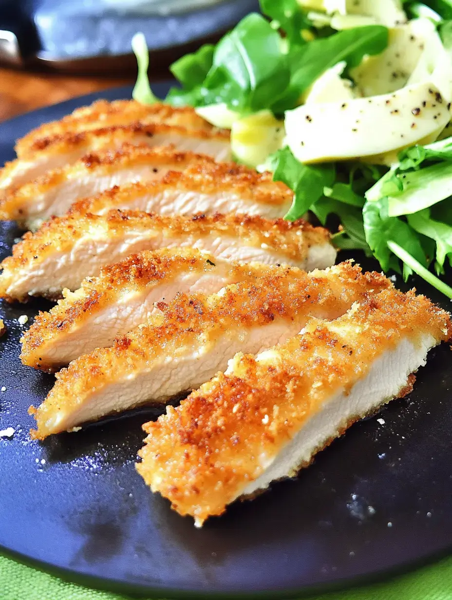 Une assiette de blanc de poulet croustillant tranché est servie avec une salade fraîche de verdure et tranches de pomme.