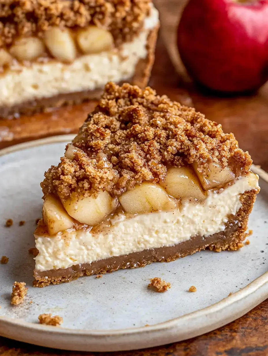 Une part de cheesecake garnie de pommes caramélisées et d'un topping croustillant au sucre brun, servie sur une assiette à côté d'une pomme rouge.