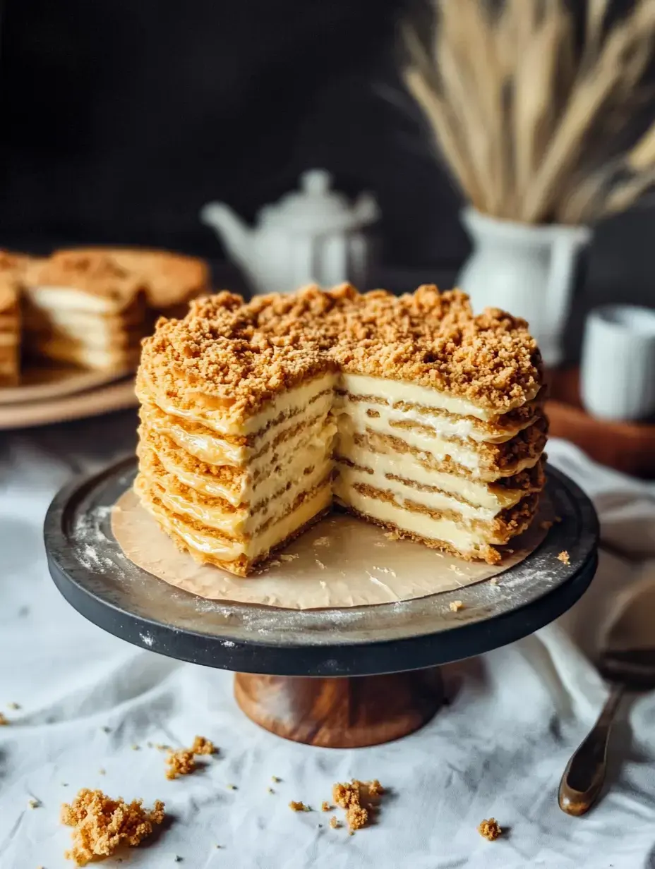 Un gâteau en couches avec garniture émiettée présenté sur un support à gâteau, montrant une part enlevée qui révèle son intérieur crémeux.