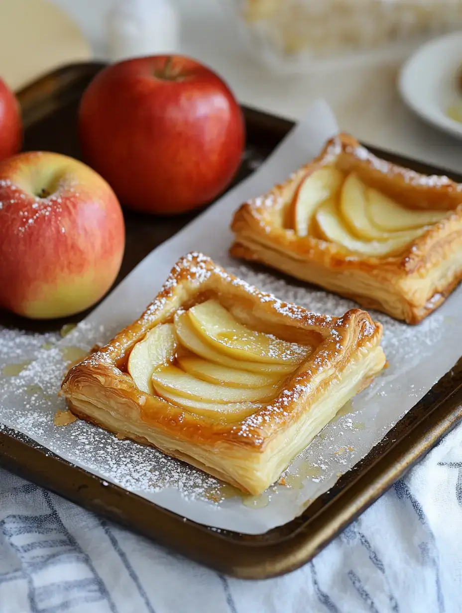 Un plateau avec deux pâtisseries aux pommes saupoudrées de sucre glace, à côté de plusieurs pommes rouges.