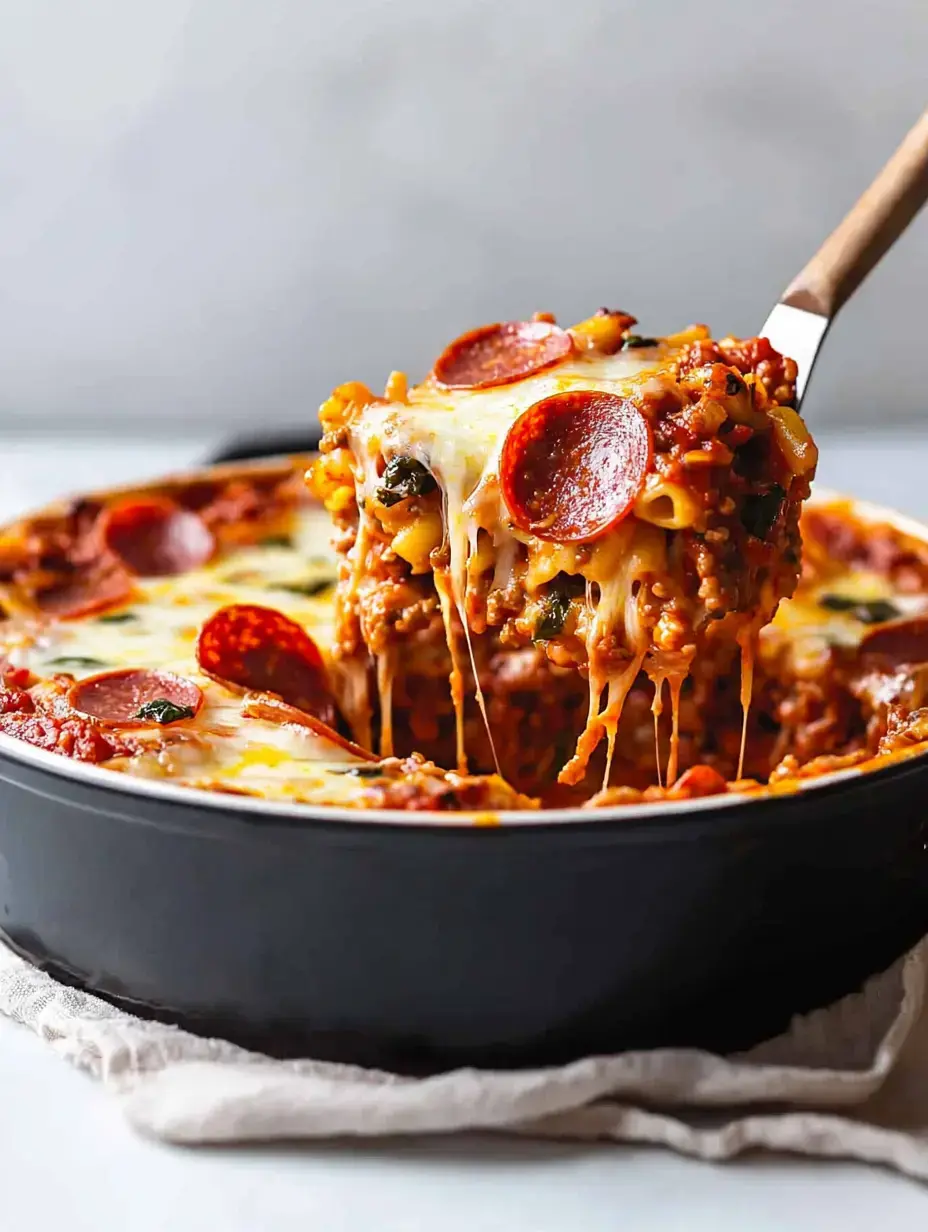 Une portion de pâtes au four au fromage, garnie de pepperoni et de mozzarella, soulevée d'un plat noir.