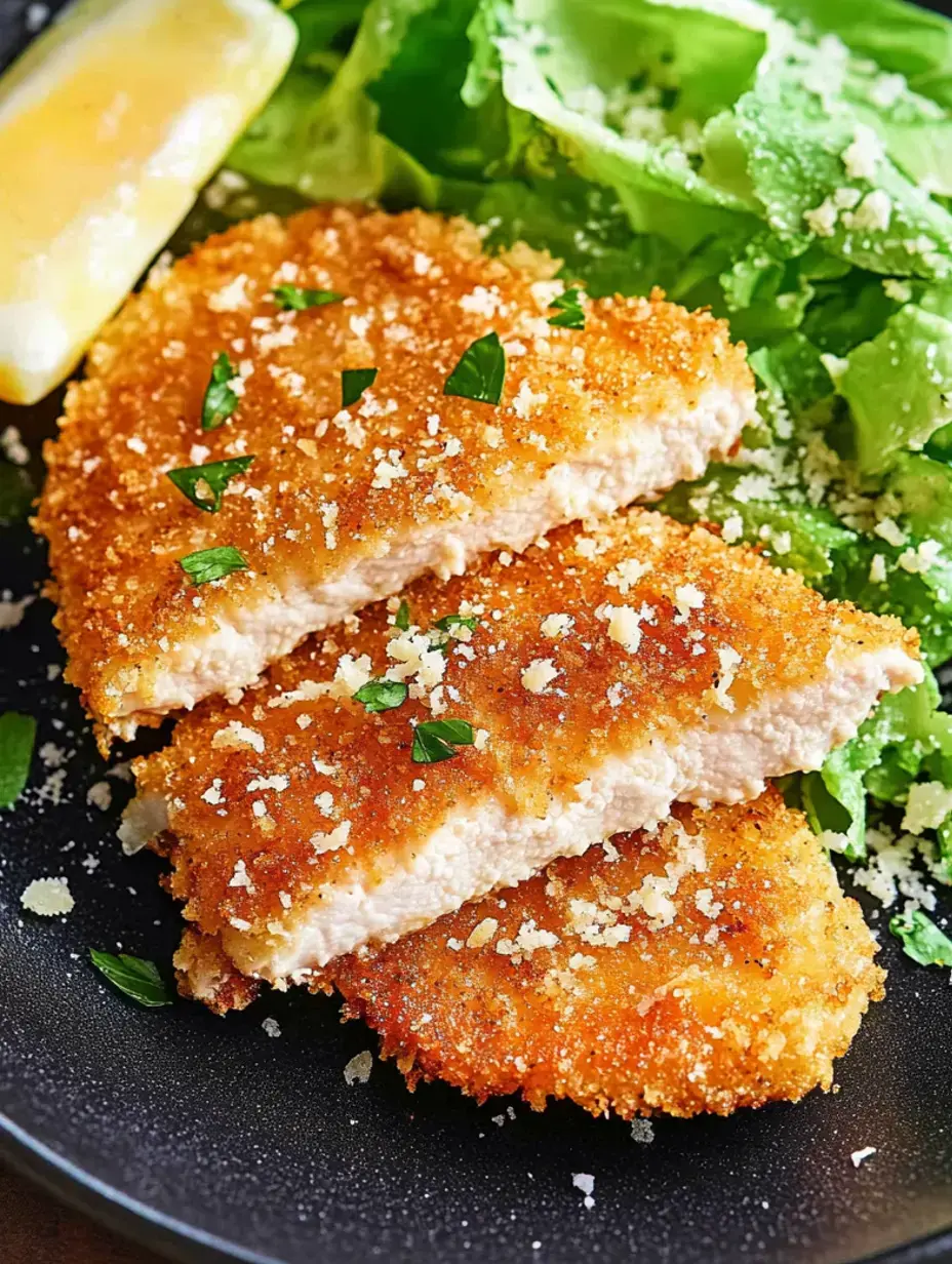 Gros plan de filets de poulet panés et frits garnis de persil, servis sur une assiette avec un quartier de citron et un accompagnement de verdure fraîche.