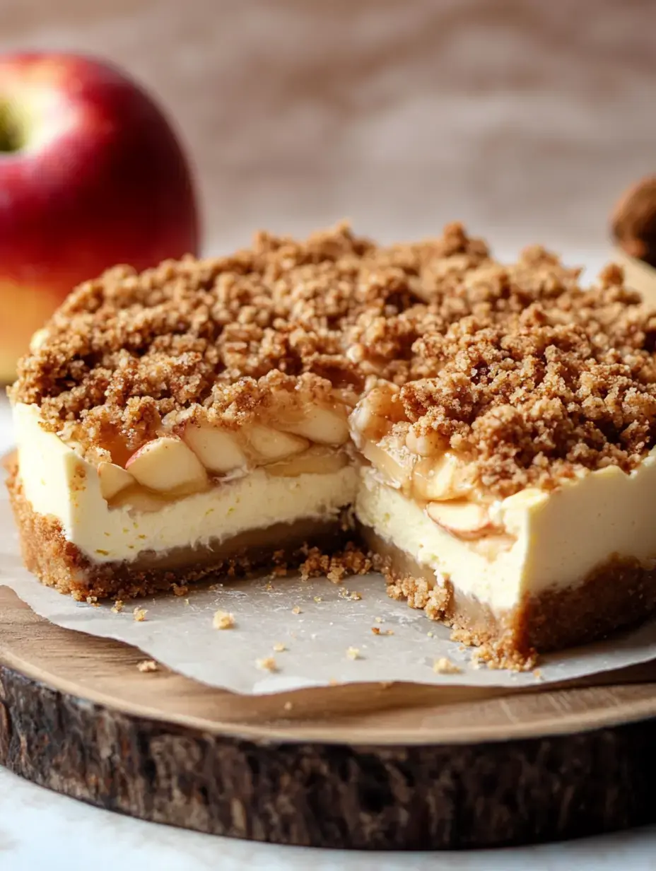Une part de cheesecake aux pommes avec un topping croustillant repose sur une planche en bois à côté d'une pomme rouge entière.