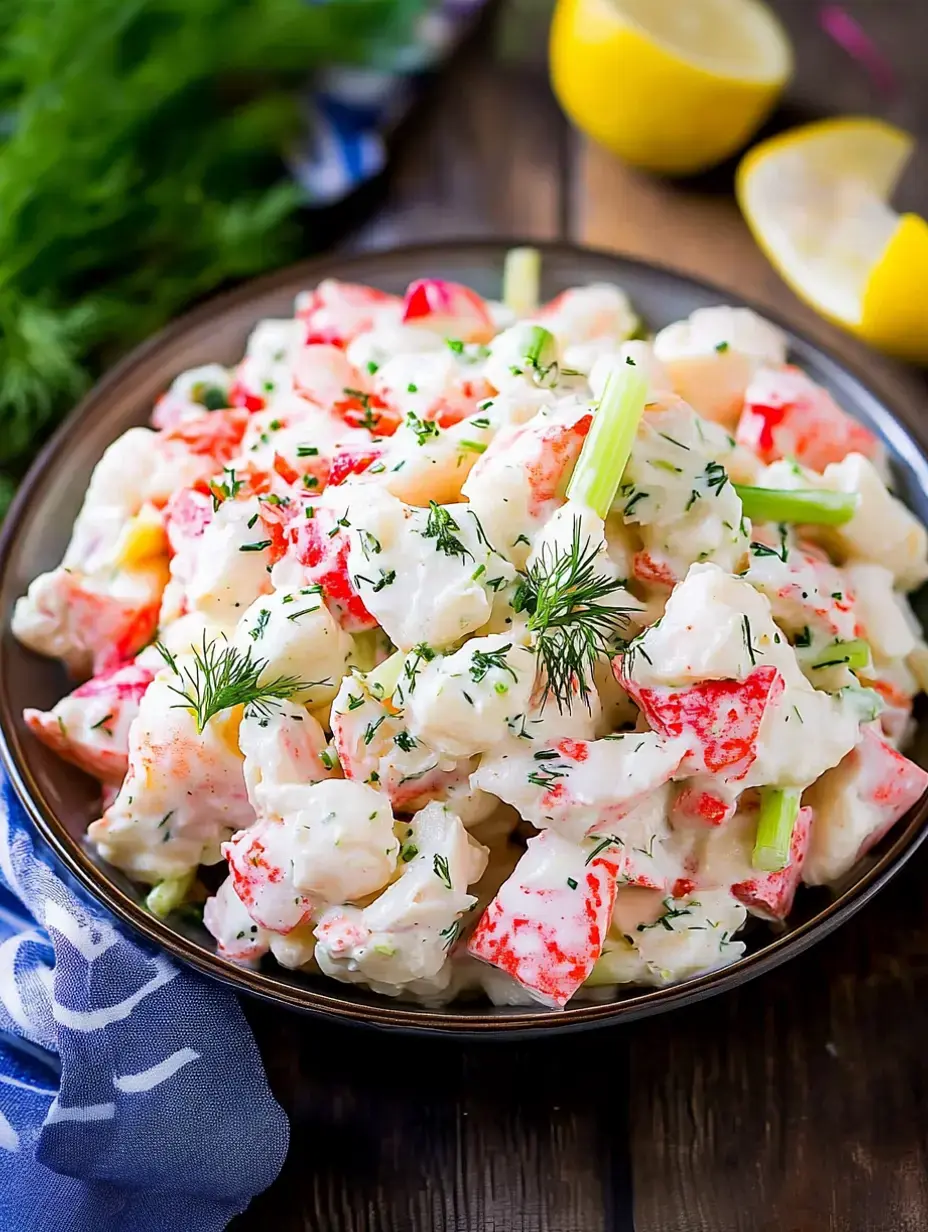 Un bol de salade de fruits de mer crémeuse avec des morceaux de crabe, du céleri et des herbes, garnie d'aneth et entourée de quartiers de citron.