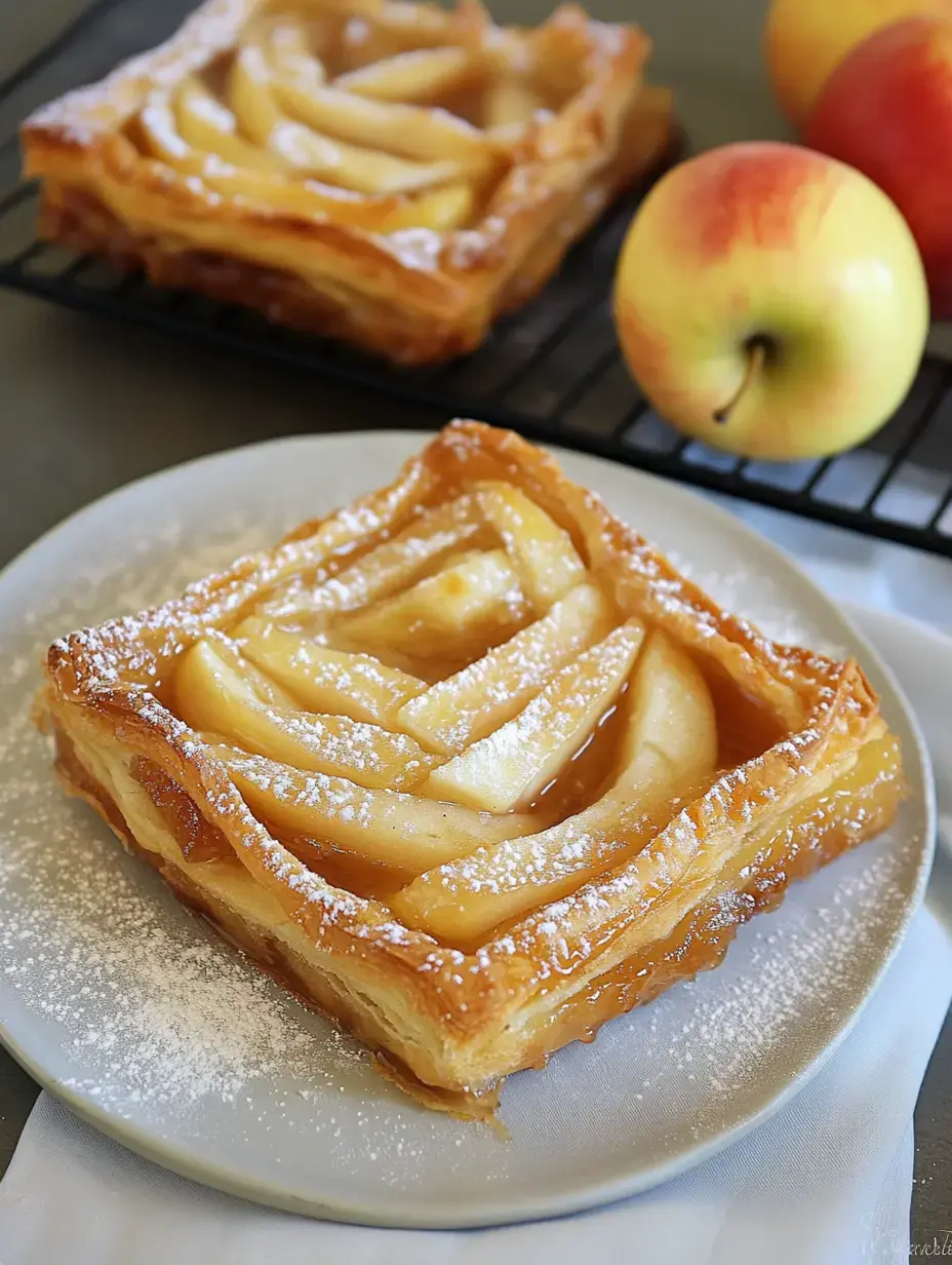 Un gros plan d'une pâtisserie feuilletée garnie de tranches de pommes et de sucre glace, servie sur une assiette avec des pommes entières en arrière-plan.
