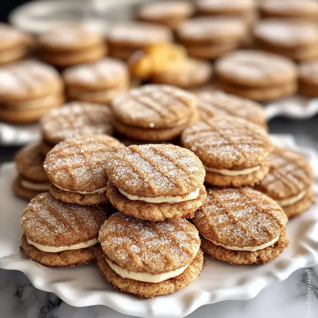 Gros plan d'une assiette garnie de biscuits sandwich au sucre-cannelle fourrés de crème.