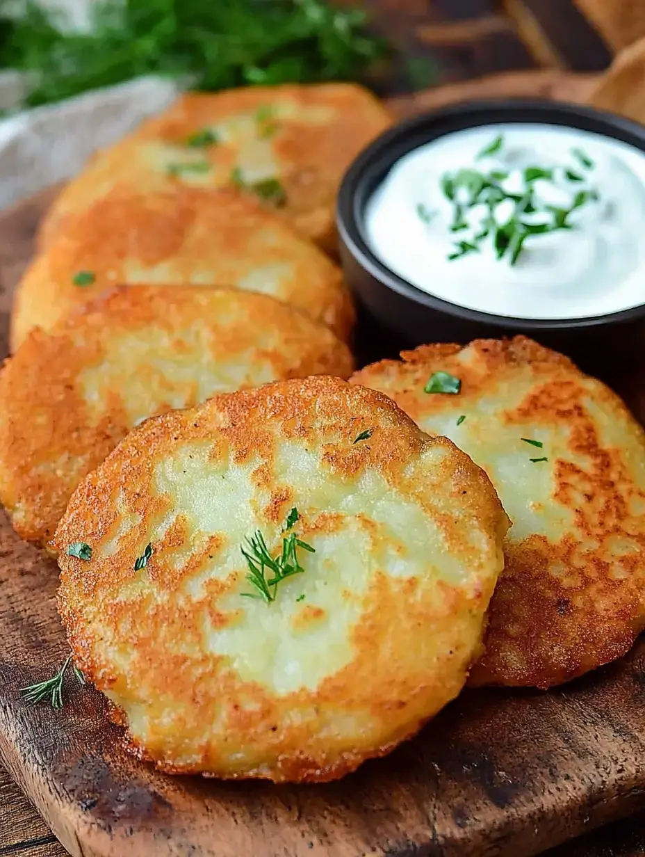 Un plateau en bois contient plusieurs galettes de pommes de terre dorées garnies d'herbes, accompagnées d'un petit bol de crème fraîche.