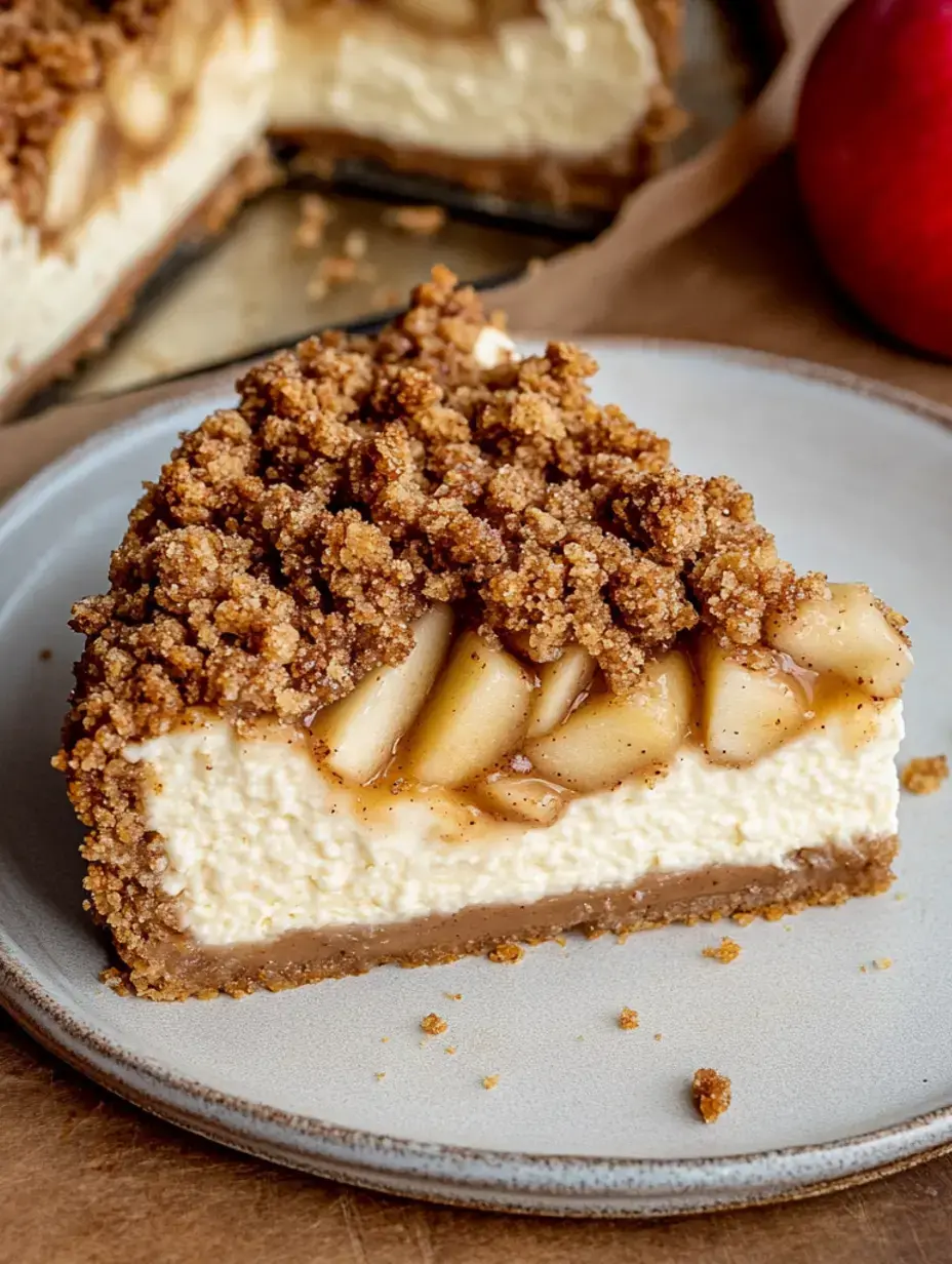 Une part de cheesecake aux pommes surmontée d'un streusel croustillant repose sur une assiette, révélant des couches de garniture crémeuse et de morceaux de pommes épicées.