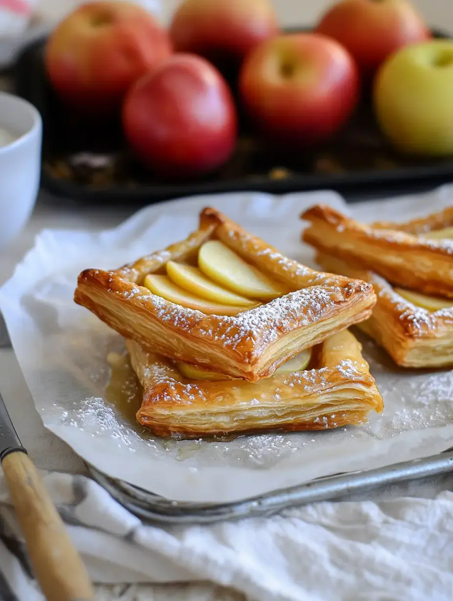 Une assiette de carrés feuilletés garnis de tranches de pommes et saupoudrés de sucre glace, entourée de pommes fraîches en arrière-plan.