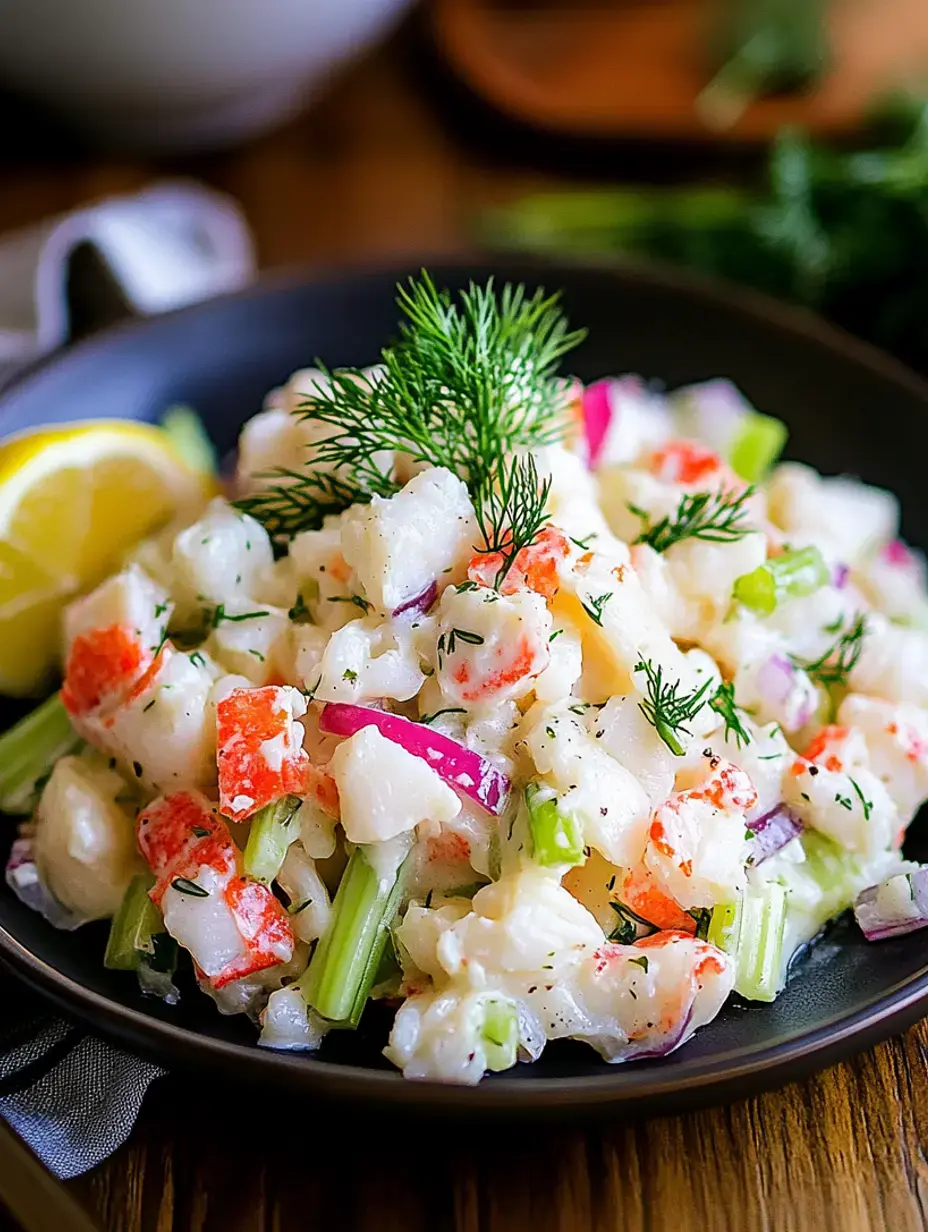 Une salade colorée de fruits de mer avec des morceaux de poisson, du crabe, des légumes, garnie d'aneth frais et d'un quartier de citron.